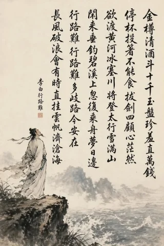 Chinese Calligraphy Scroll — Nano Banana 2 AI Prompt: A traditional Chinese ink wash hanging-scroll painting on warm aged rice paper,...