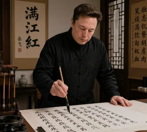 Calligraphy Scholar Scene — Nano Banana 2 AI Prompt: A realistic indoor portrait of Elon Musk standing at a traditional Chinese writi...