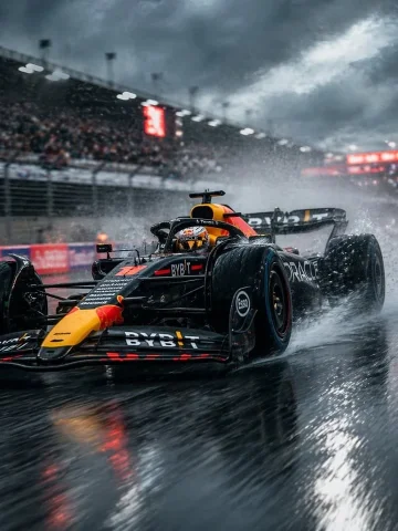 Rainy Race Car — Nano Banana 2 AI Prompt: A dramatic ultra-realistic motorsport action photograph of a modern Formula 1 ra...