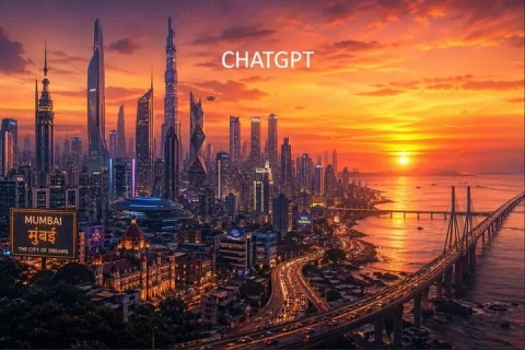 Futuristic Mumbai Sunset — Nano Banana 2 AI Prompt: A cinematic ultra-detailed wide-angle cityscape of Mumbai reimagined as a futuri...