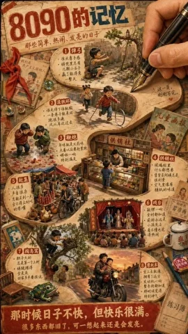 Nostalgic Chinese Retro Collage Poster — Nano Banana 2 AI Prompt: A nostalgic Chinese retro collage poster about 8090的记忆, designed like a worn...