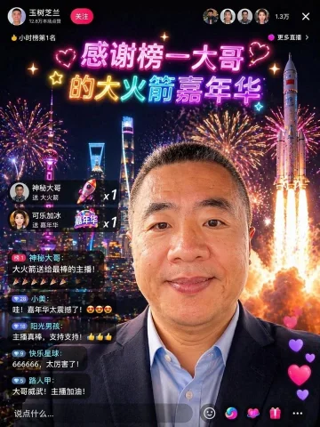 Chinese Livestream Rocket Carnival Screenshot — Nano Banana 2 AI Prompt: Using the provided reference photo, transform the person into a flashy Chinese l...
