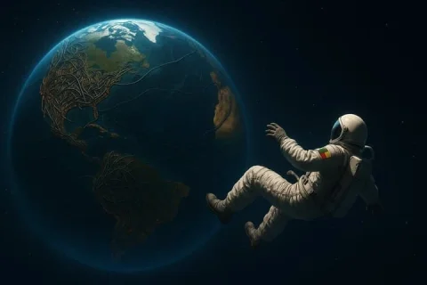Astronaut and Living Earth — Nano Banana 2 AI Prompt: A cinematic surreal space scene showing 1 astronaut floating in open space besid...