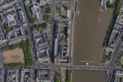 Satellite Map of Big Ben Area — Nano Banana 2 AI Prompt: A high-resolution top-down satellite map view of central London, focused tightly...