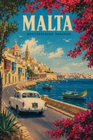 Vintage Malta Travel Poster — Nano Banana 2 AI Prompt: A vintage travel poster illustration for Malta, designed like a mid-century Medi...