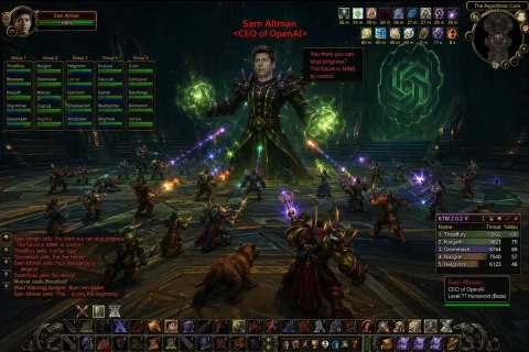 World of Warcraft Style Raid — Nano Banana 2 AI Prompt: a 20 person horde raid is fighting Sam Altman in 2004 world of Warcraft style. O...