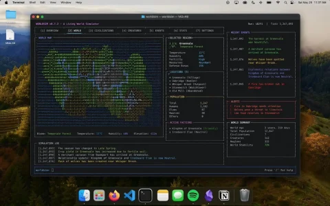 Terminal World Sim — Nano Banana 2 AI Prompt: show me a screenshot of a mac desktop, large terminal window visible, doing some...