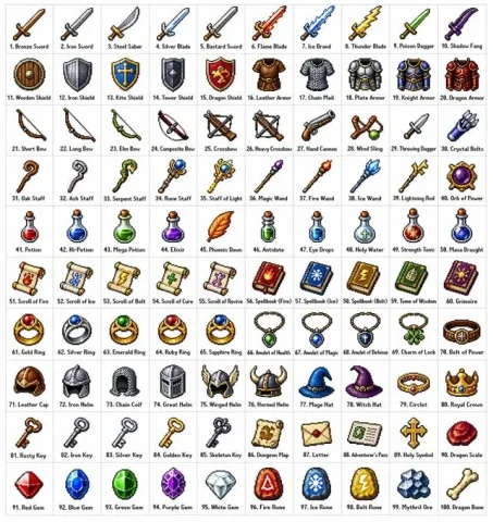 Retro RPG Item Grid — Nano Banana 2 AI Prompt: 创建一个 10×10 的网格，其中包含 100 种不同的奇幻角色扮演游戏 (RPG) 物品，采用经...