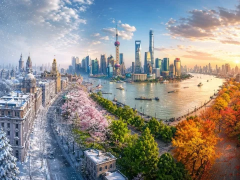 Seasons Transition Panorama — Nano Banana 2 AI Prompt: Hyper-realistic digital illustration of the historic Shanghai Bund waterfront lo...
