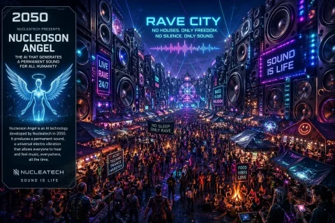 Futuristic Music Market — Nano Banana 2 AI Prompt: A futuristic cyberpunk outdoor music market scene, massive towering wall of indu...