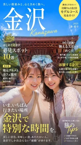 Travel Magazine Cover — Nano Banana 2 AI Prompt: GPT-image-2で緯度と経度が36.578134061857426, 136.64816743538748の位置で地元のお...