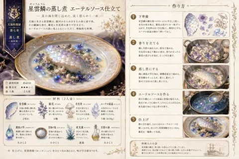 Fantasy Recipe Illustration — Nano Banana 2 AI Prompt: 架空のファンタジー世界の料理のレシピの画像を作成。イラストor写真付きで、料理の工...