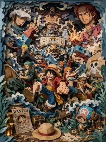 Paper Sculpture Pirate Scene — Nano Banana 2 AI Prompt: 平视视角，正面直视一个高饱和度3D多层纸雕场景。 整体为灰蓝、奶油白、深森林绿，点...