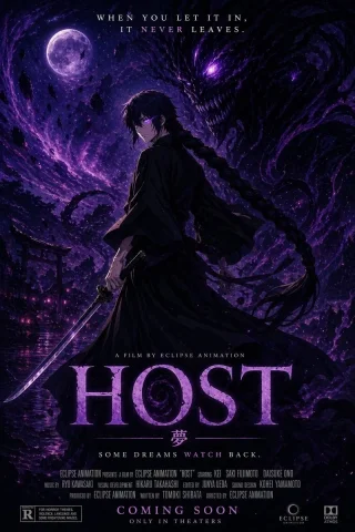 Horror Anime Movie Poster — Nano Banana 2 AI Prompt: Make a cinematic movie poster for the anime horror movie called “HOST”. Use the...