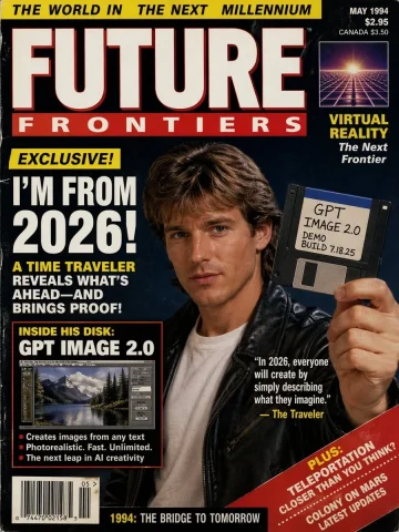 90s Time Traveler Magazine Cover — Nano Banana 2 AI Prompt: A magazine cover from the 1990s about a time traveler from 2026 discussing GPT i...