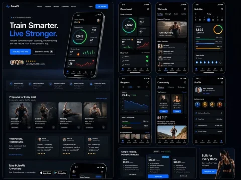 Fitness SaaS Landing Page — Nano Banana 2 AI Prompt: Design a modern, high-end fitness app landing page and product UI for a brand ca...