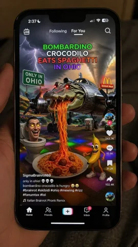 Smartphone Screen Mockup — Nano Banana 2 AI Prompt: Create a 9:16 image of an iPhone playing the world's worst TikTok brainrot video...