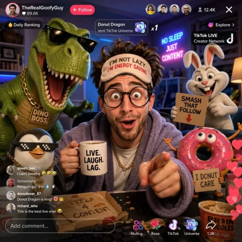 Funny Live Stream — Nano Banana 2 AI Prompt: Generate an image of a funny guy that is live-streaming on tiktok and has 3d car...