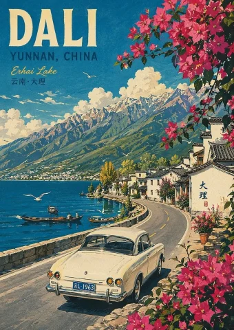 Vintage Travel Poster Illustration — Nano Banana 2 AI Prompt: A vintage travel poster illustration of Erhai Lake and Cangshan mountains in a v...