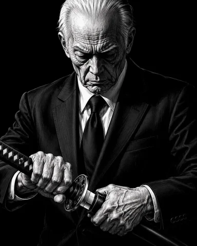 Elderly Yakuza Drawing Katana — Nano Banana 2 AI Prompt: A high-contrast, black-and-white illustration of an elderly man in a sharp suit,...