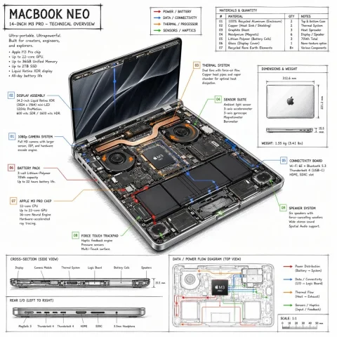 Laptop Technical Overview Infographic — Nano Banana 2 AI Prompt: { "type": "technical overview infographic", "style": "hand-drawn technical s...