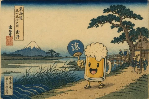 Ukiyo-e Mascot Landscape — Nano Banana 2 AI Prompt: A traditional Japanese Ukiyo-e woodblock print landscape featuring an anthropomo...