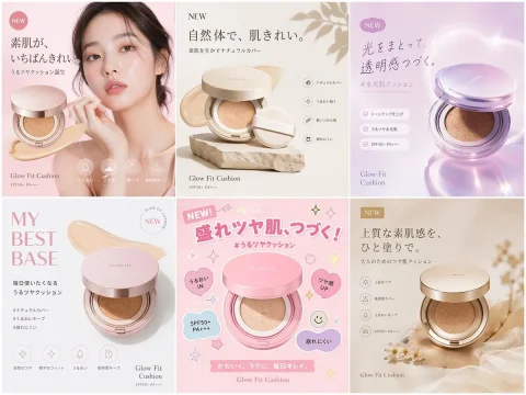 Cosmetic Ad Banner Grid — Nano Banana 2 AI Prompt: { "type": "2x3 grid of cosmetic product advertisement banners", "product": "...