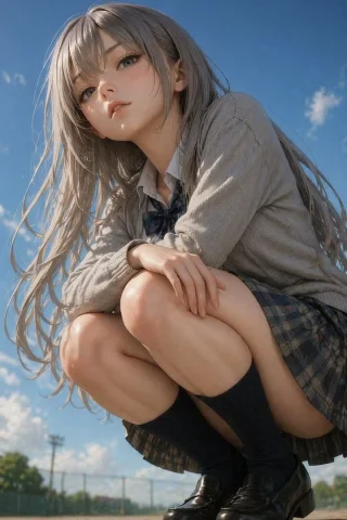 Photorealistic Anime Schoolgirl Portrait — Nano Banana 2 AI Prompt: A highly detailed, photorealistic anime-style portrait of a young woman crouchin...