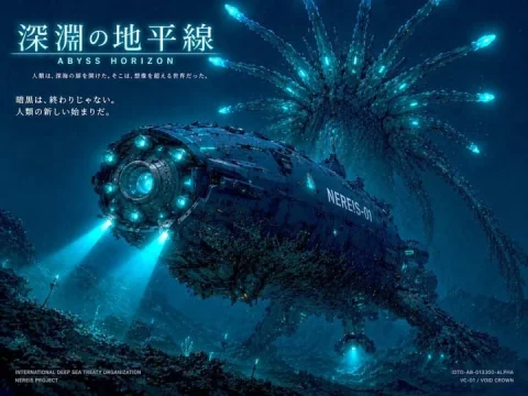 Deep Sea Future — Nano Banana 2 AI Prompt: A cinematic sci-fi anime movie poster of a heavily armored cylindrical deep-sea...