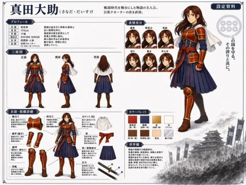 Red-Armored Sengoku Samurai Settei — Nano Banana 2 AI Prompt: { "type": "anime character reference sheet", "character": { "name": "真田大助",...