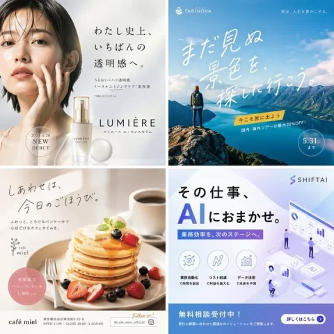 4-Panel Advertisement Banner Grid — Nano Banana 2 AI Prompt: { "type": "2x2 advertisement banner grid", "layout": "four distinct quadrants, e...