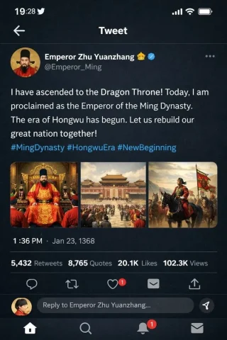 Historical Figure Social Media Mockup — Nano Banana 2 AI Prompt: { "type": "mobile social media app UI mockup", "platform": "Twitter/X dark mode"...
