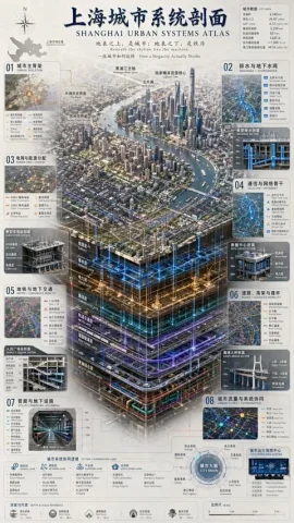 Urban Systems Atlas — Nano Banana 2 AI Prompt: { "type": "complex urban systems atlas infographic", "style": "dark background w...