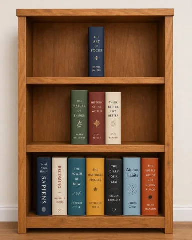 Curated Bookshelf — Nano Banana 2 AI Prompt: { "type": "bookshelf arrangement", "setting": "wooden bookshelf with three shelv...
