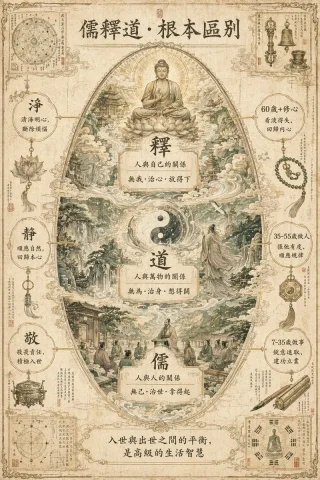 Fundamental Differences between Confucianism, Taoism, and Buddhism — Nano Banana 2 AI Prompt: 一幅令人叹为观止、极其复杂的「儒释道根本区别」概念世界构建信息图杰作，整体被设计...