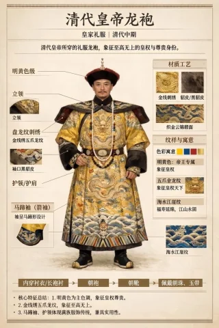 Qing Dynasty Emperor's Dragon Robe Infographic — Nano Banana 2 AI Prompt: 请根据 清代皇帝龙袍 自动生成一张“博物馆图鉴式中文拆解信息图”。 要求整张图兼具真...