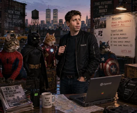 Retro Tech Cats — Nano Banana 2 AI Prompt: A cinematic, photorealistic portrait of Sam Altman on a gritty rooftop at dusk,...