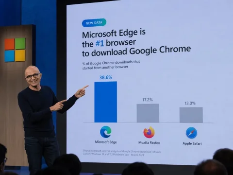Tech Keynote Presentation — Nano Banana 2 AI Prompt: A photograph of a tech keynote presentation. A bald man with glasses, wearing a...