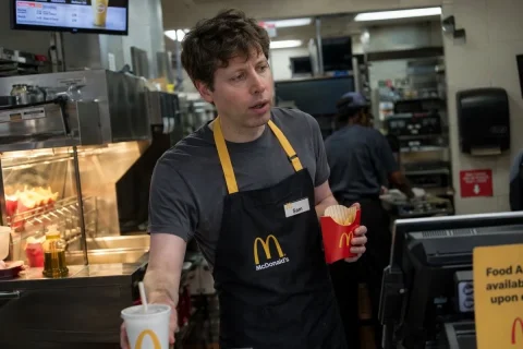 Candid Fast Food Employee — Nano Banana 2 AI Prompt: A photorealistic candid photograph of Sam Altman working behind the counter at a...