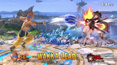 3D Platform Fighting Game Screenshot — Nano Banana 2 AI Prompt: { "type": "3D platform fighting game screenshot", "style": "high-fidelity 3D...