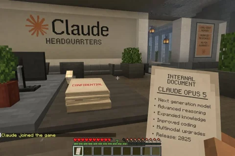 Voxel Game Office Screenshot — Nano Banana 2 AI Prompt: A first-person voxel game screenshot. The player's blocky right hand holds a pap...