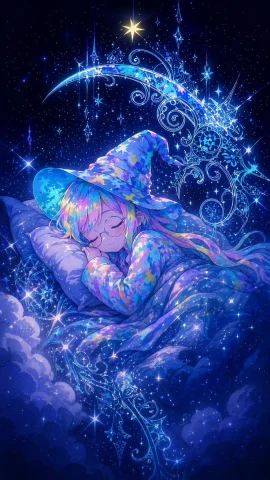 Sleeping Anime Witch — Nano Banana 2 AI Prompt: An ethereal anime illustration of a young anime witch sleeping peacefully on a s...