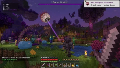 Voxel Survival Game Boss Battle HUD — Nano Banana 2 AI Prompt: { "type": "first-person video game screenshot", "setting": "blocky voxel wor...
