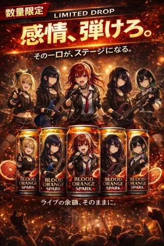 Anime Rock Band Beverage Poster — Nano Banana 2 AI Prompt: { "type": "promotional poster advertisement", "theme": "anime rock band beve...