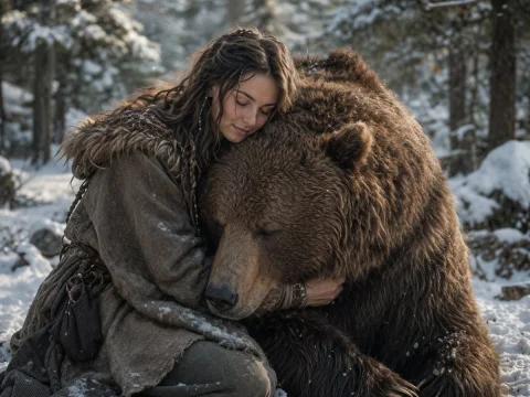 Woman Embracing a Bear in Winter — Nano Banana 2 AI Prompt: A cinematic, photorealistic shot of a young woman with long wavy brown hair with...