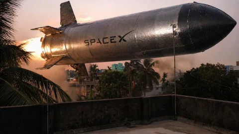 Hovering Rocket — Nano Banana 2 AI Prompt: A photorealistic scene of a massive metallic rocket hovering horizontally at a v...