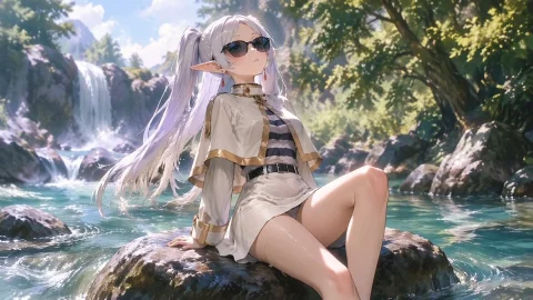 Elf Girl by the Forest Stream — Nano Banana 2 AI Prompt: An anime illustration of an elf girl with long white twintails and pointy ears....