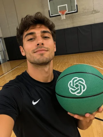 Custom Basketball Selfie — Nano Banana 2 AI Prompt: A photorealistic selfie of a young man with short wavy dark hair and light stubb...