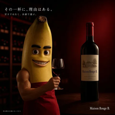 Banana Wine Ad — Nano Banana 2 AI Prompt: A high-end cinematic commercial photography shot of a muscular humanoid banana c...