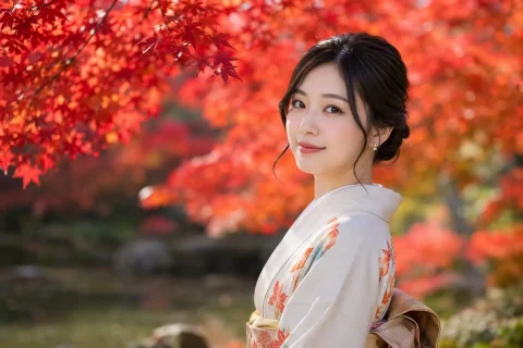Autumn Kimono Portrait — Nano Banana 2 AI Prompt: A photorealistic portrait with shallow depth of field and soft bokeh of a young...